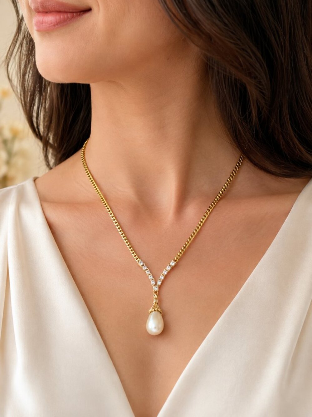 Vintage D’Orlan Faux Pearl Rhinestone Drop Necklace | Signed Gold Tone